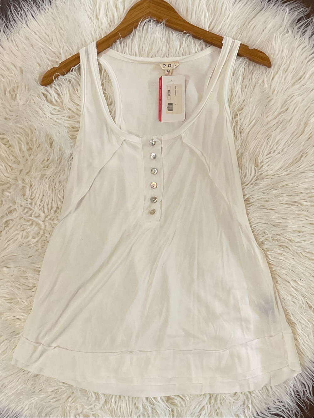 POL White Scoop Neck Tank with Button Placket